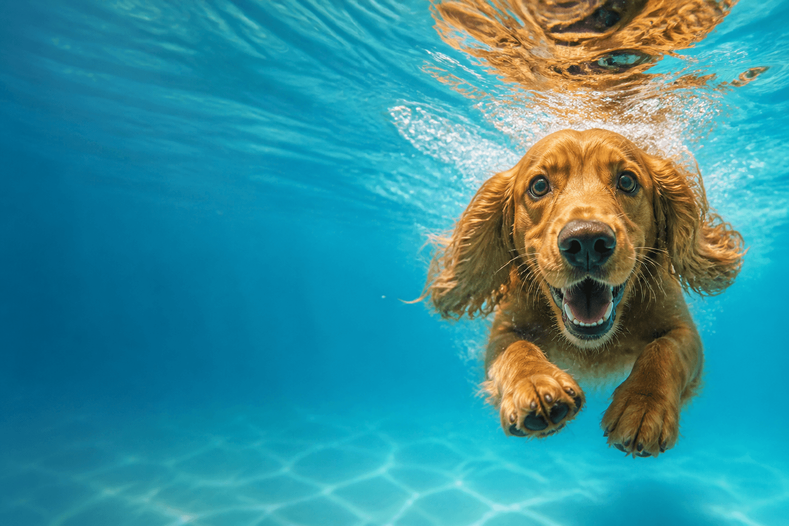 A brown Cocker Spaniel swimming underwater