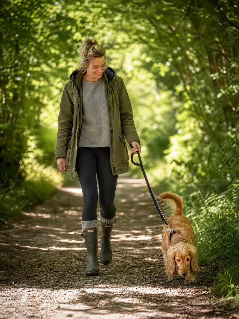 A pet carer walking a dog on a leafy woodland trail