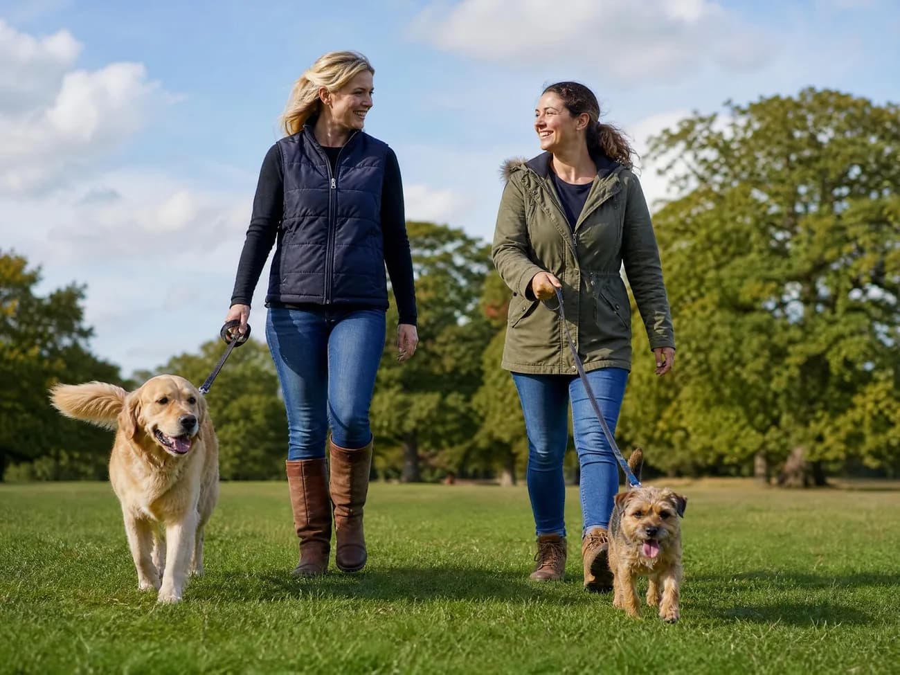 Two local walkers with dogs in a Kent park