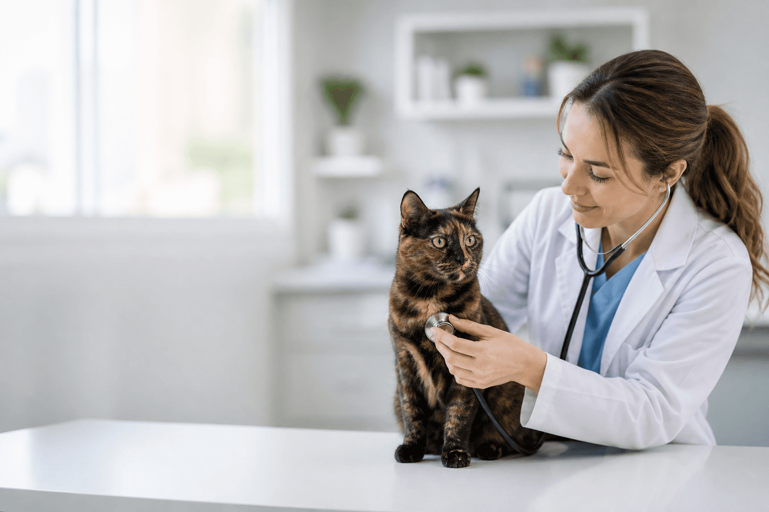 A vet checking the health of a tortoiseshell cat