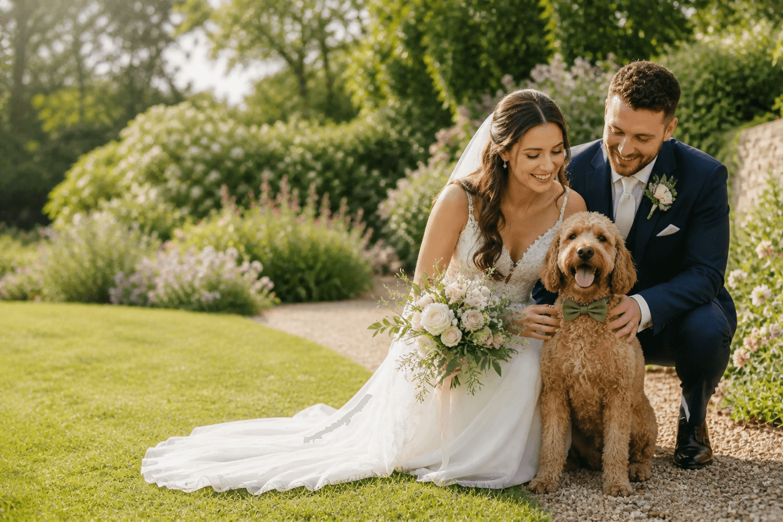 A newly married couple with their dog in a garden